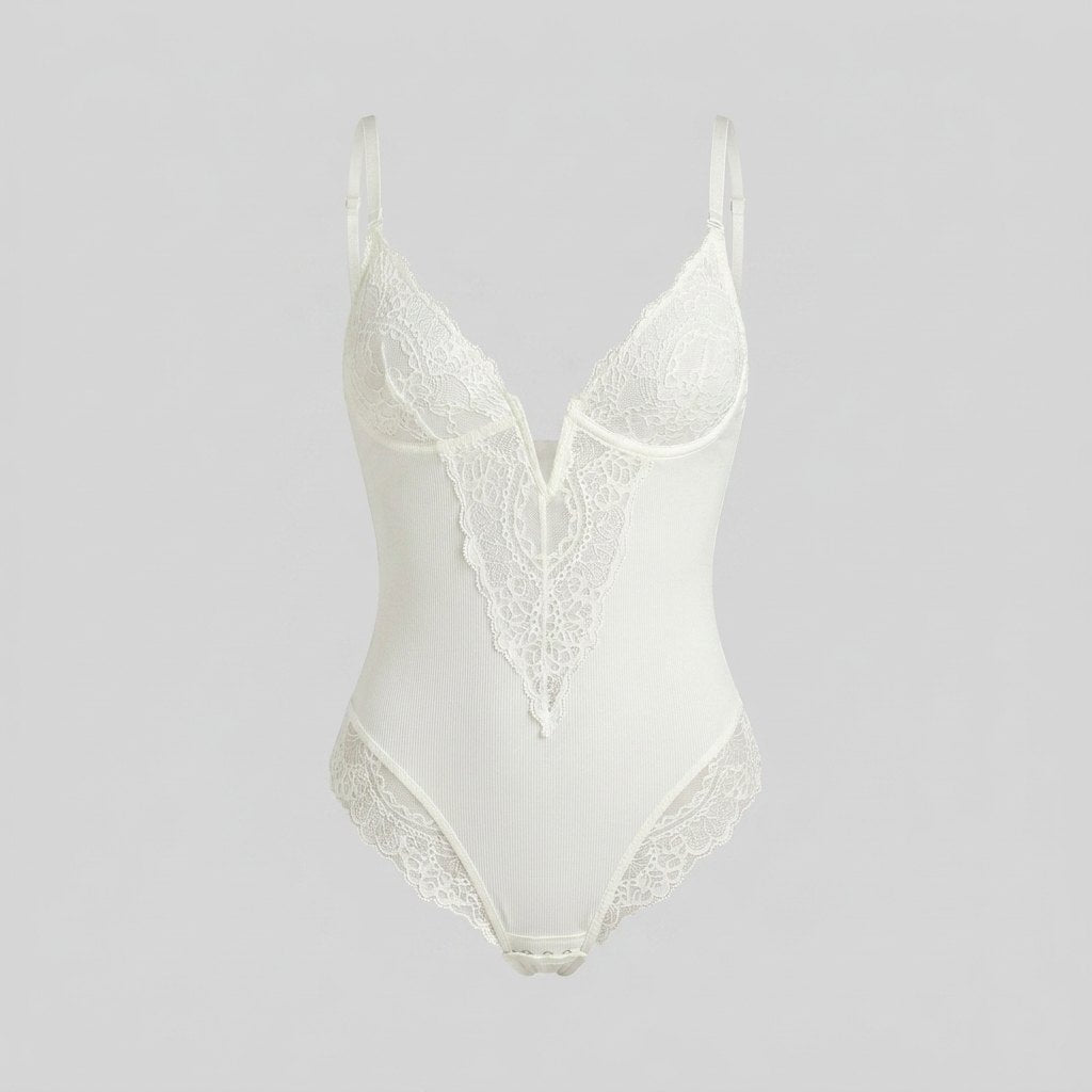 Svelte lace deep-V bodysuit white