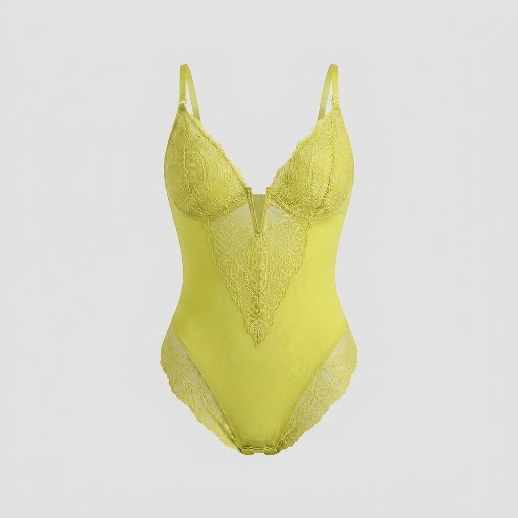 Svelte lace deep-V bodysuit yellow green