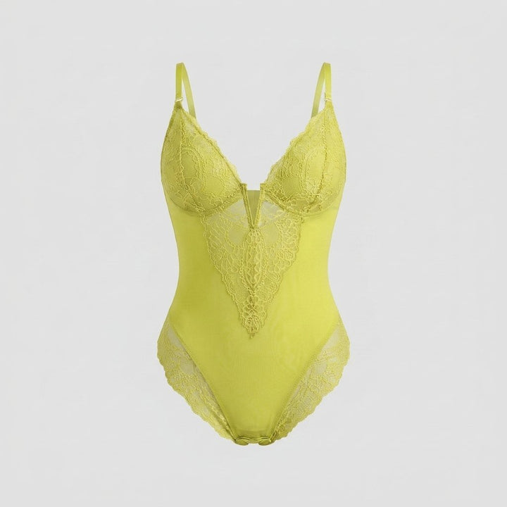 Svelte lace deep-V bodysuit yellow green