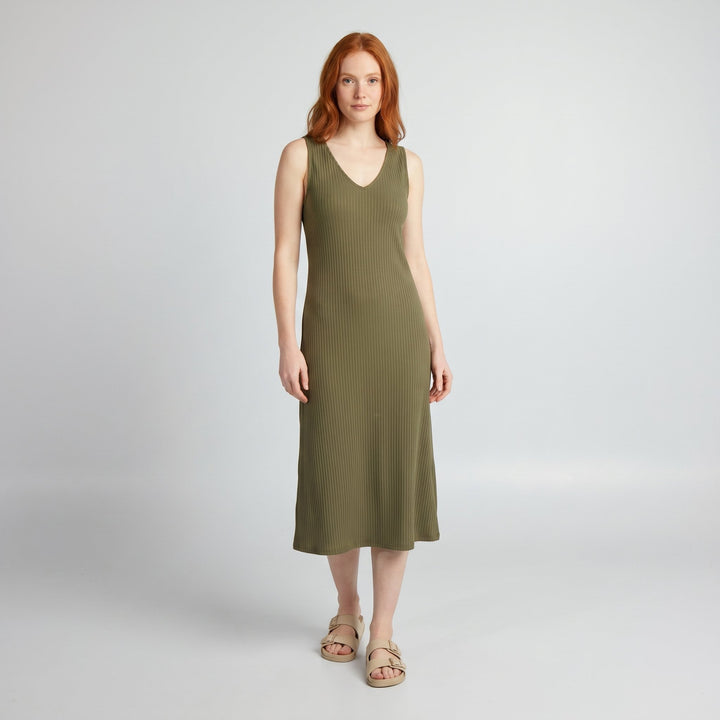 Svelte olive green deep V-neck ribbed bodycon midi dress on model