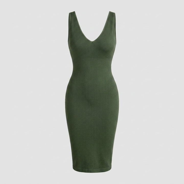Svelte olive green deep V-neck ribbed midi dress product flat-lay