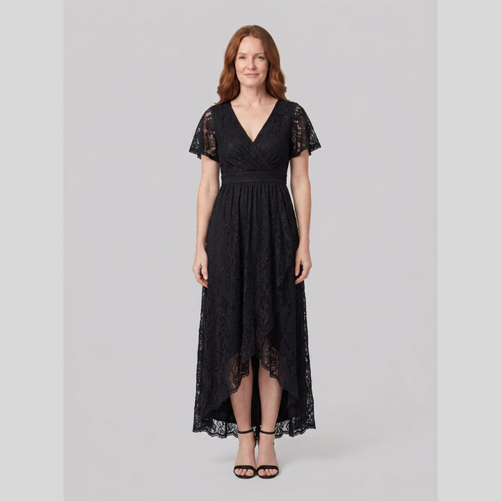 Black pleated lace V-neck high-low maxi dress - The store Vancouver