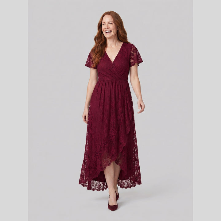 Burgundy pleated lace V-neck high-low maxi dress - The store Vancouver