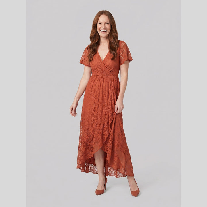 Burnt orange pleated lace V-neck high-low maxi dress - The store Vancouver