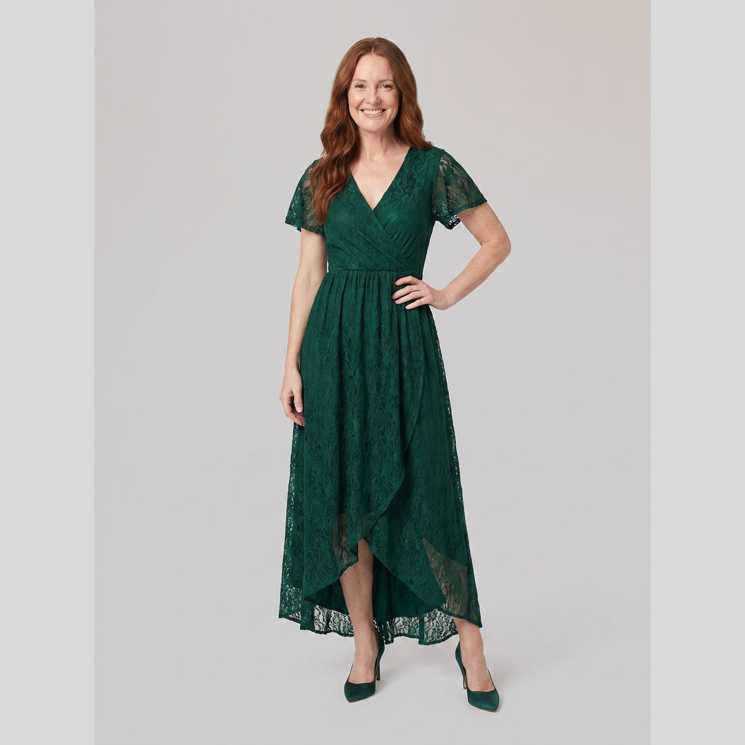 Dark green pleated lace V-neck high-low maxi dress - The store Vancouver
