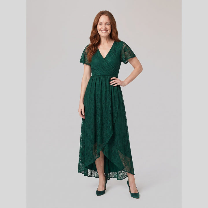 Dark green pleated lace V-neck high-low maxi dress - The store Vancouver