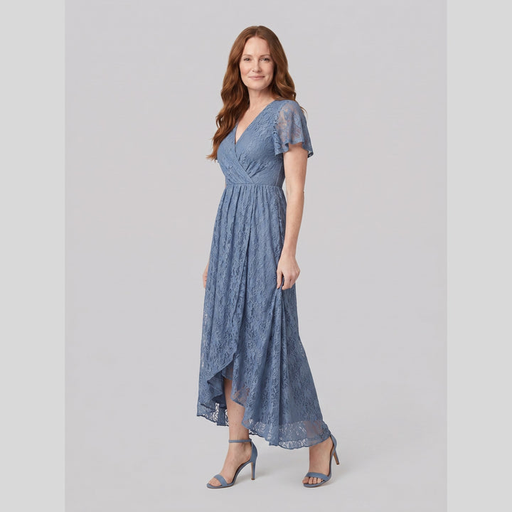 Dusty blue pleated lace V-neck high-low maxi dress - The store Vancouver