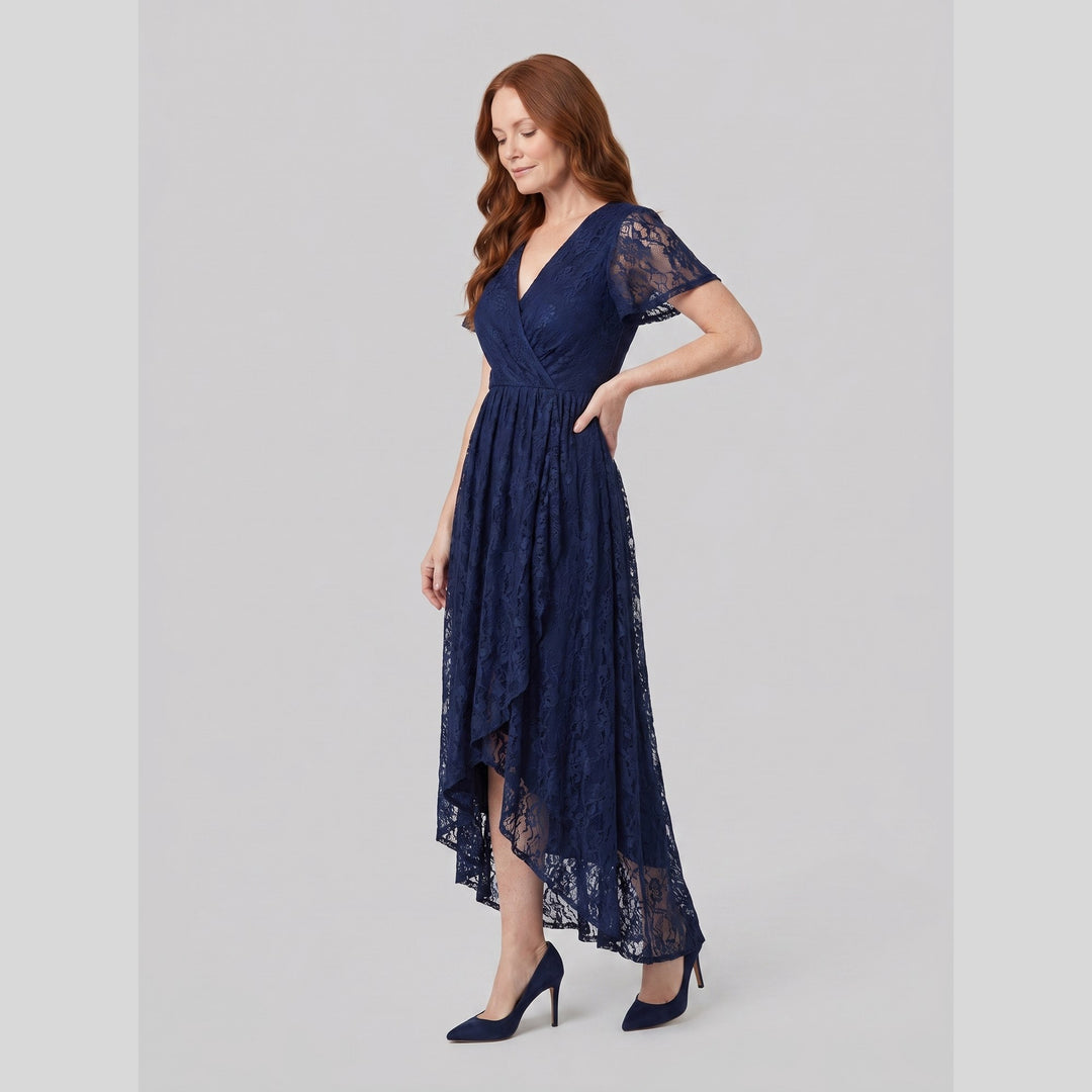 Navy blue pleated lace V-neck high-low maxi dress - The store Vancouver