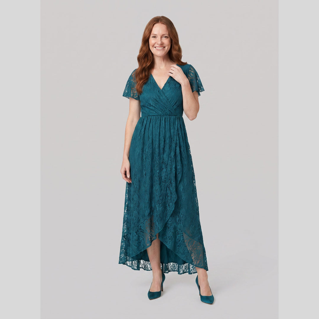 Teal pleated lace V-neck high-low maxi dress - The store Vancouver