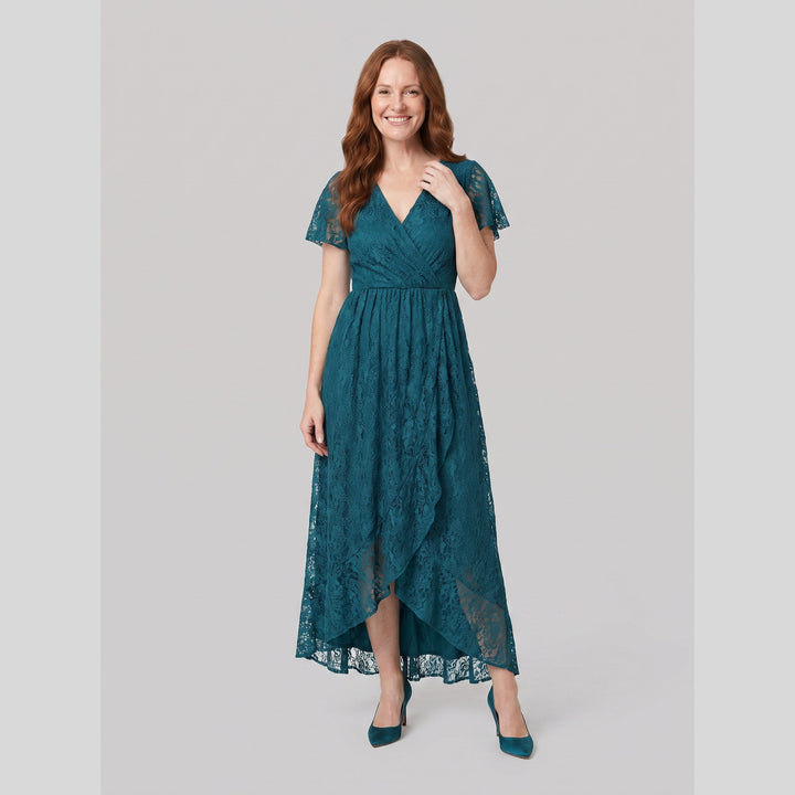 Teal pleated lace V-neck high-low maxi dress - The store Vancouver