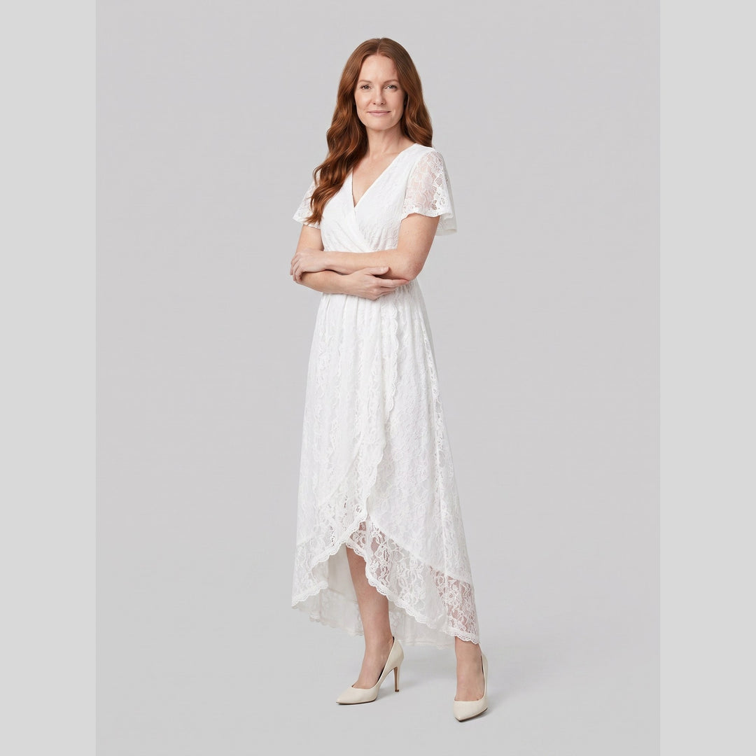 White pleated lace V-neck high-low maxi dress - The store Vancouver