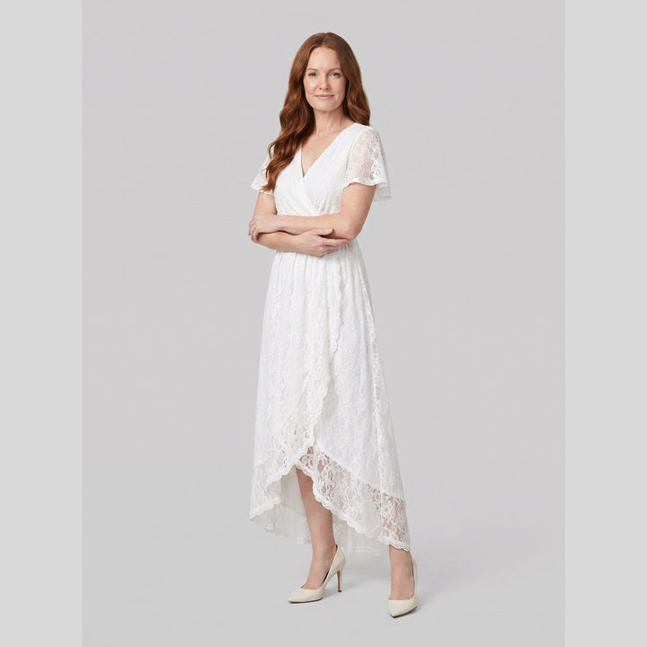 White pleated lace V-neck high-low maxi dress - The store Vancouver