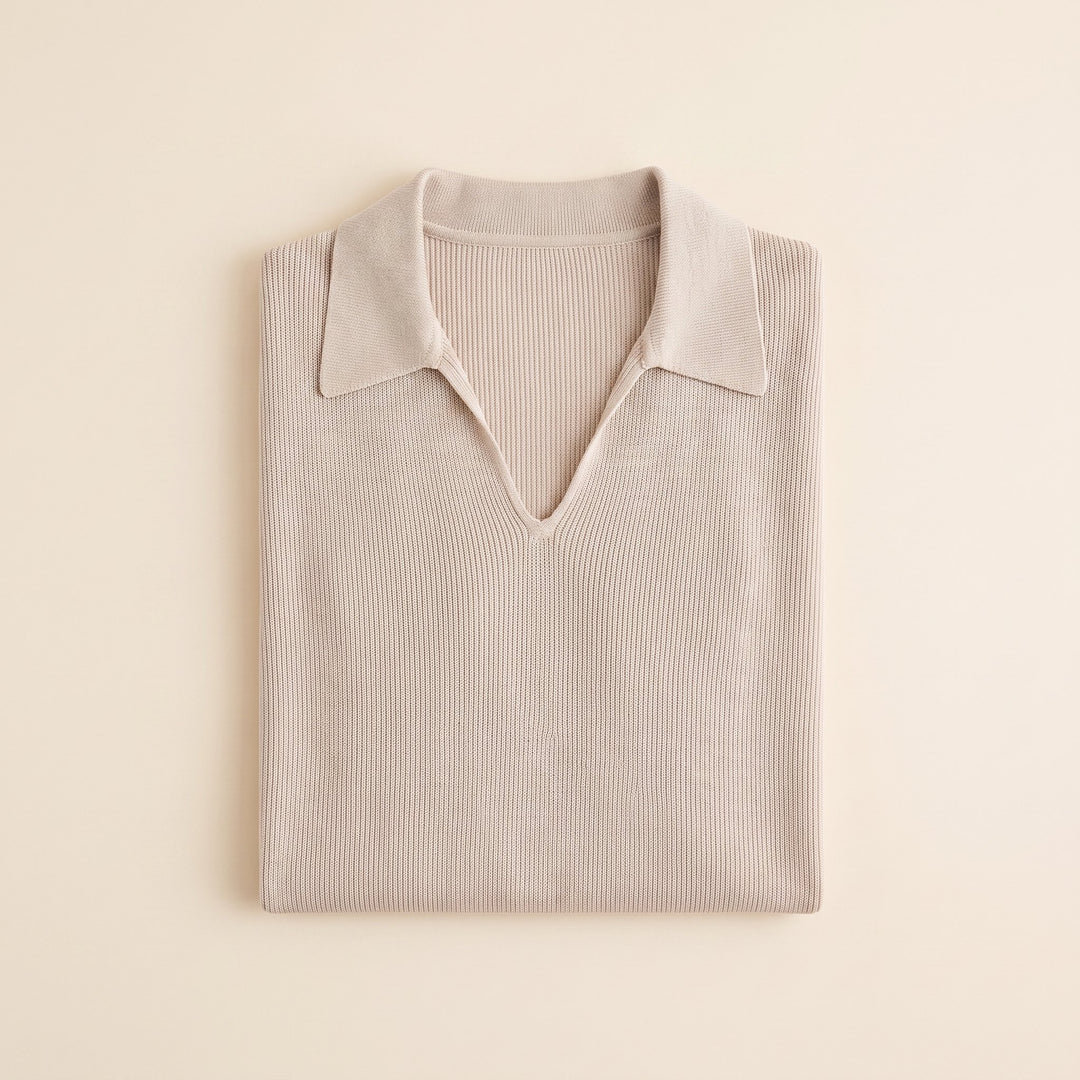 Talon sand knit mens polo folded flat lay