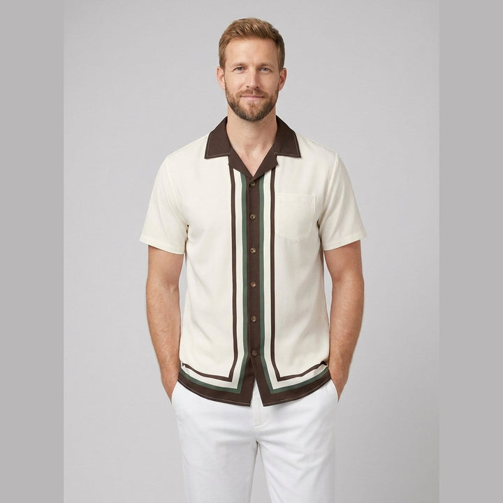 Tango cream camp collar shirt front on model