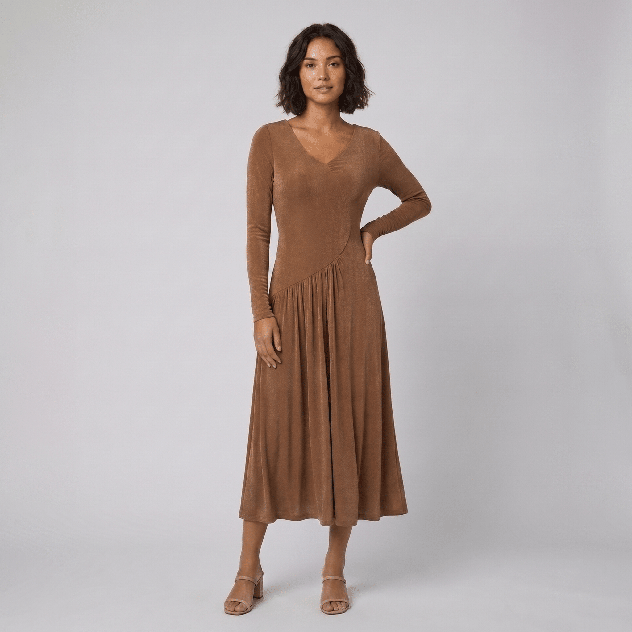 Tanja brown asymmetric neck midi dress
