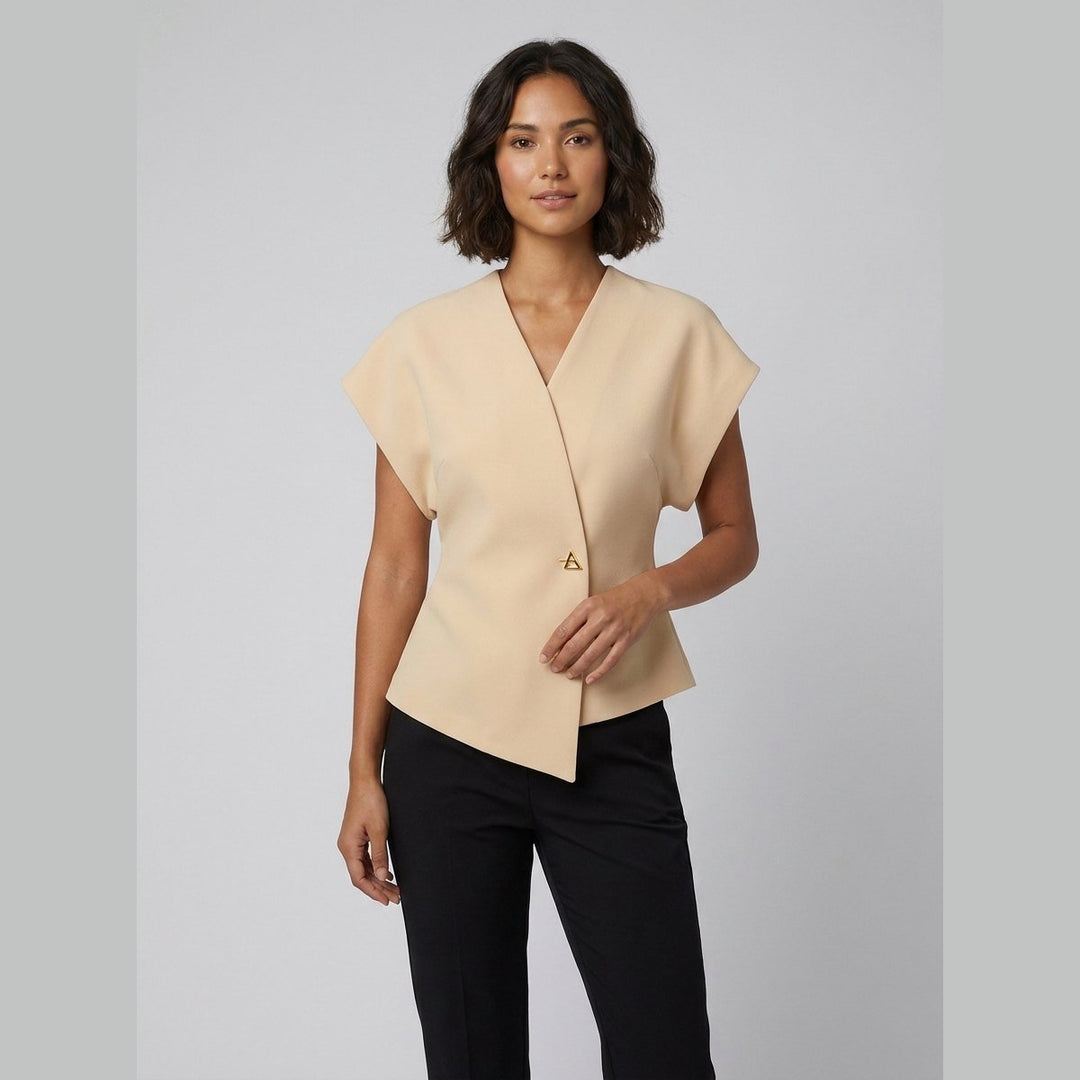Tara V-neck peplum top apricot on model