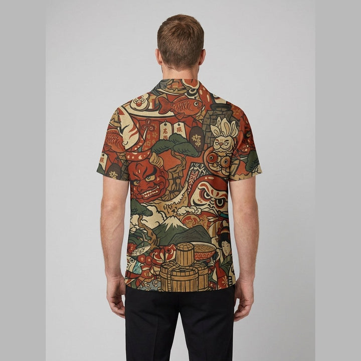 Taro folk motifs shirt back on model