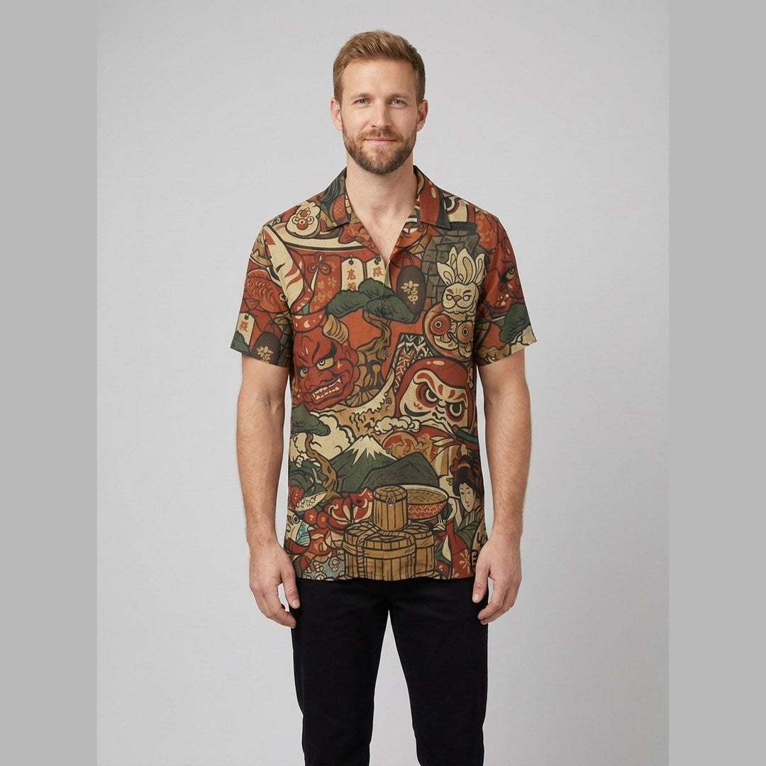 Taro folk motifs shirt front on model