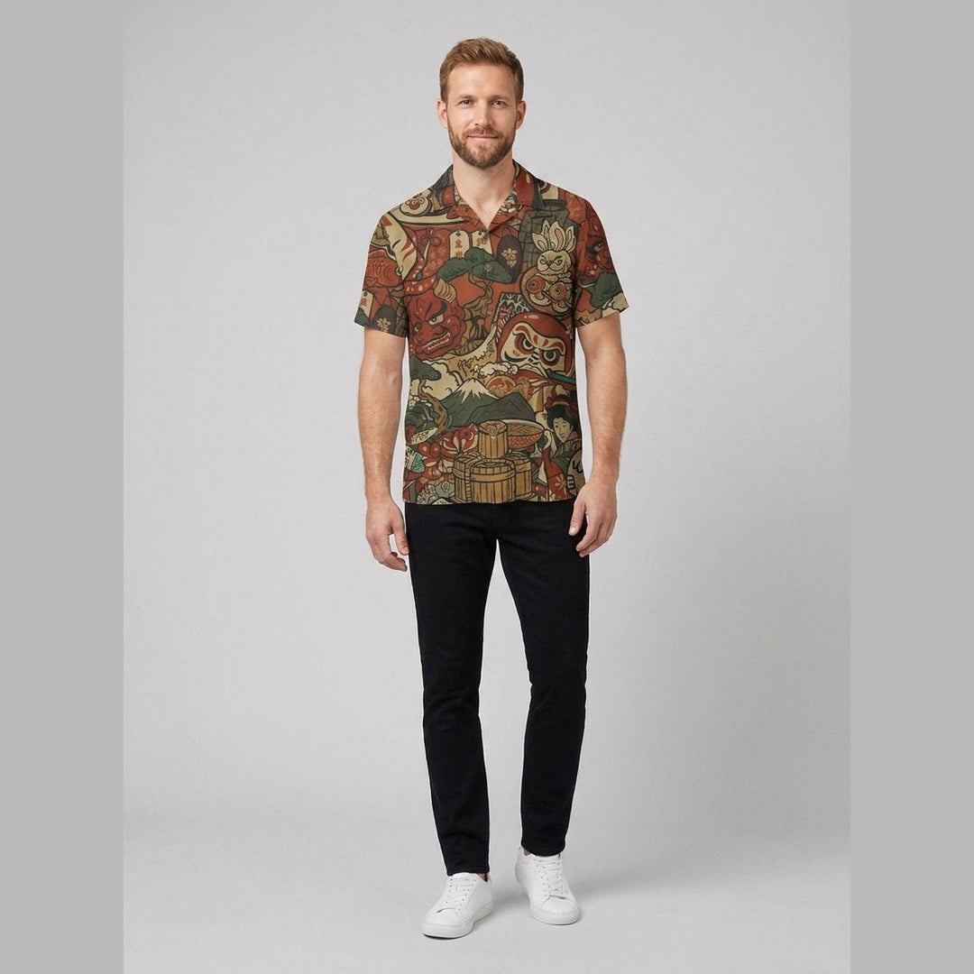 Taro folk motifs shirt on model side pose
