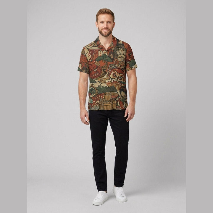 Taro folk motifs shirt on model side pose