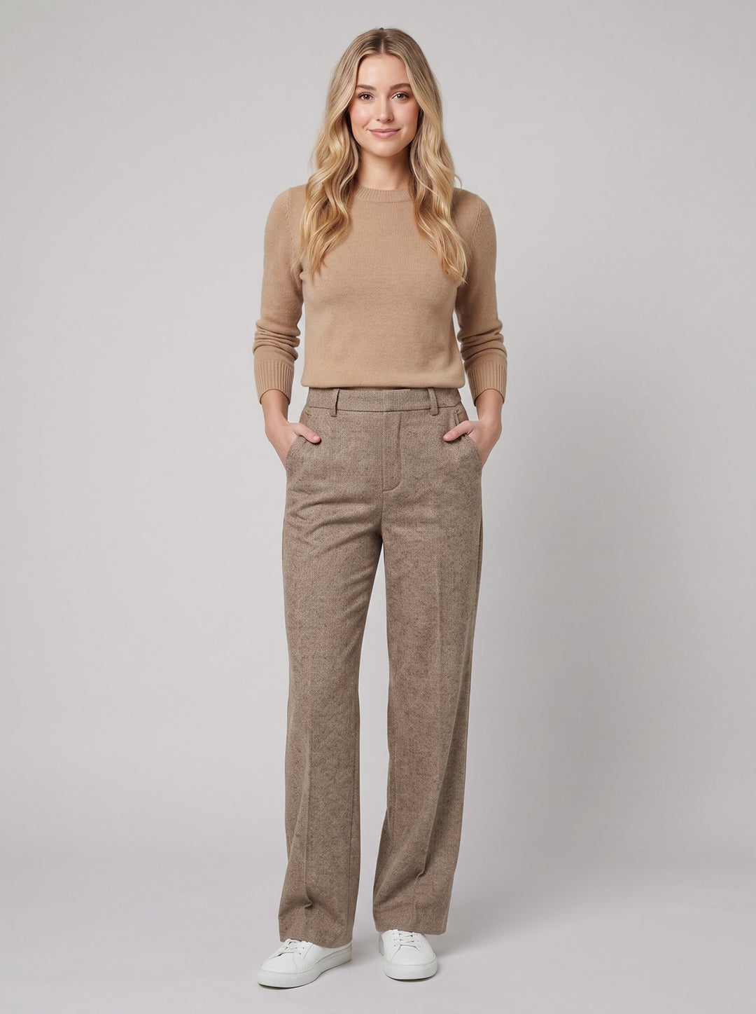 Tavi wool trousers camel wide-leg front on model