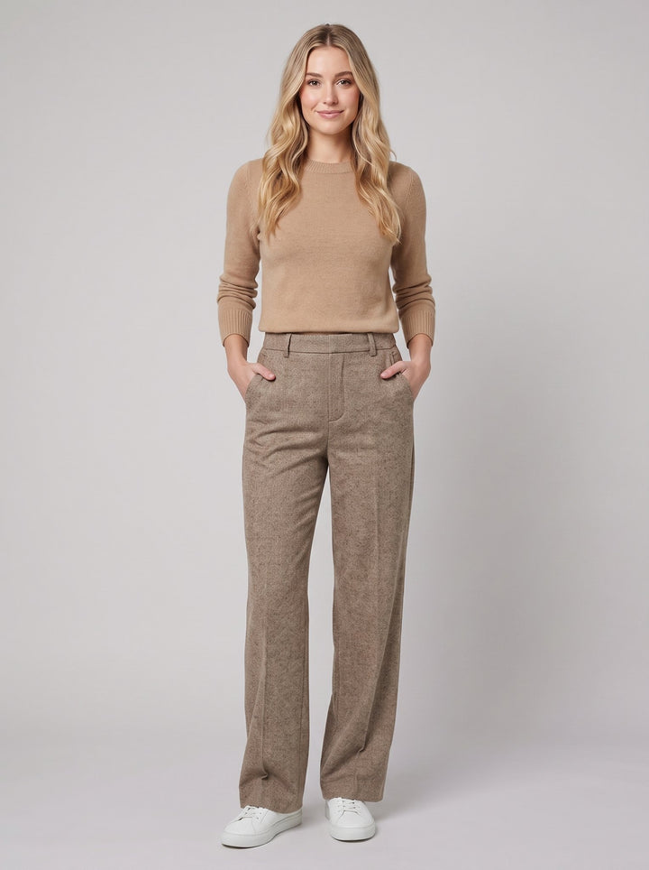 Tavi wool trousers camel wide-leg front on model
