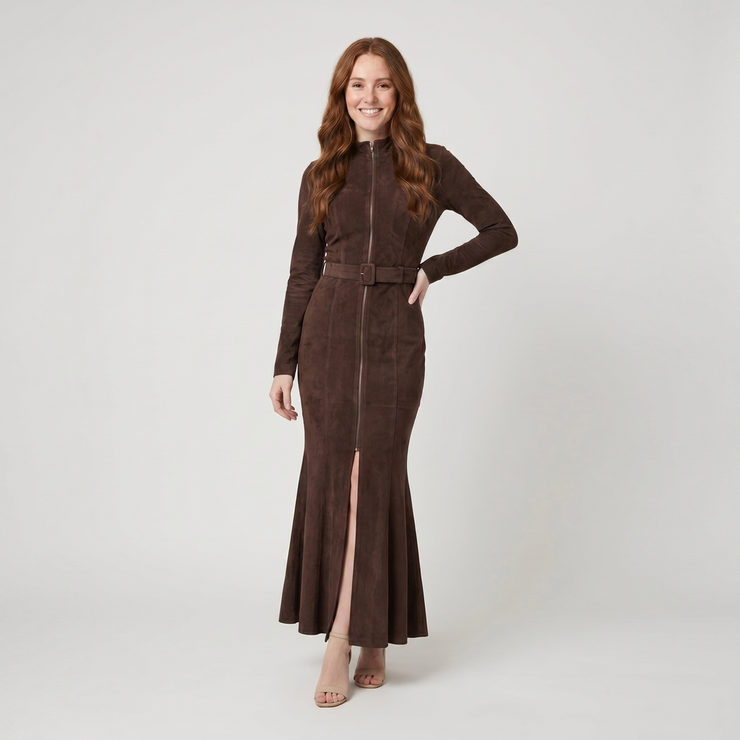 Tayli brown suede zip front belted maxi dress