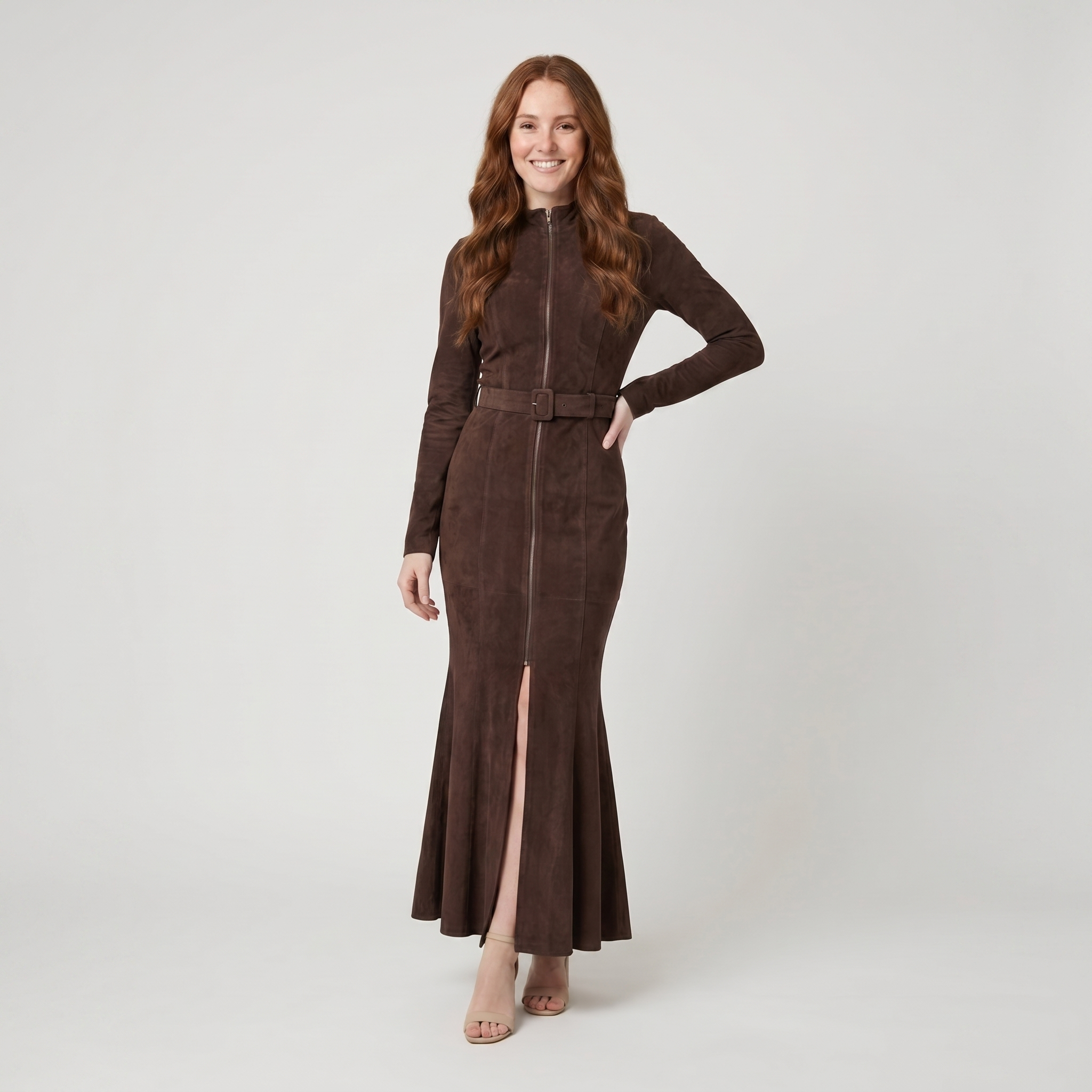 Tayli brown suede zip front belted maxi dress