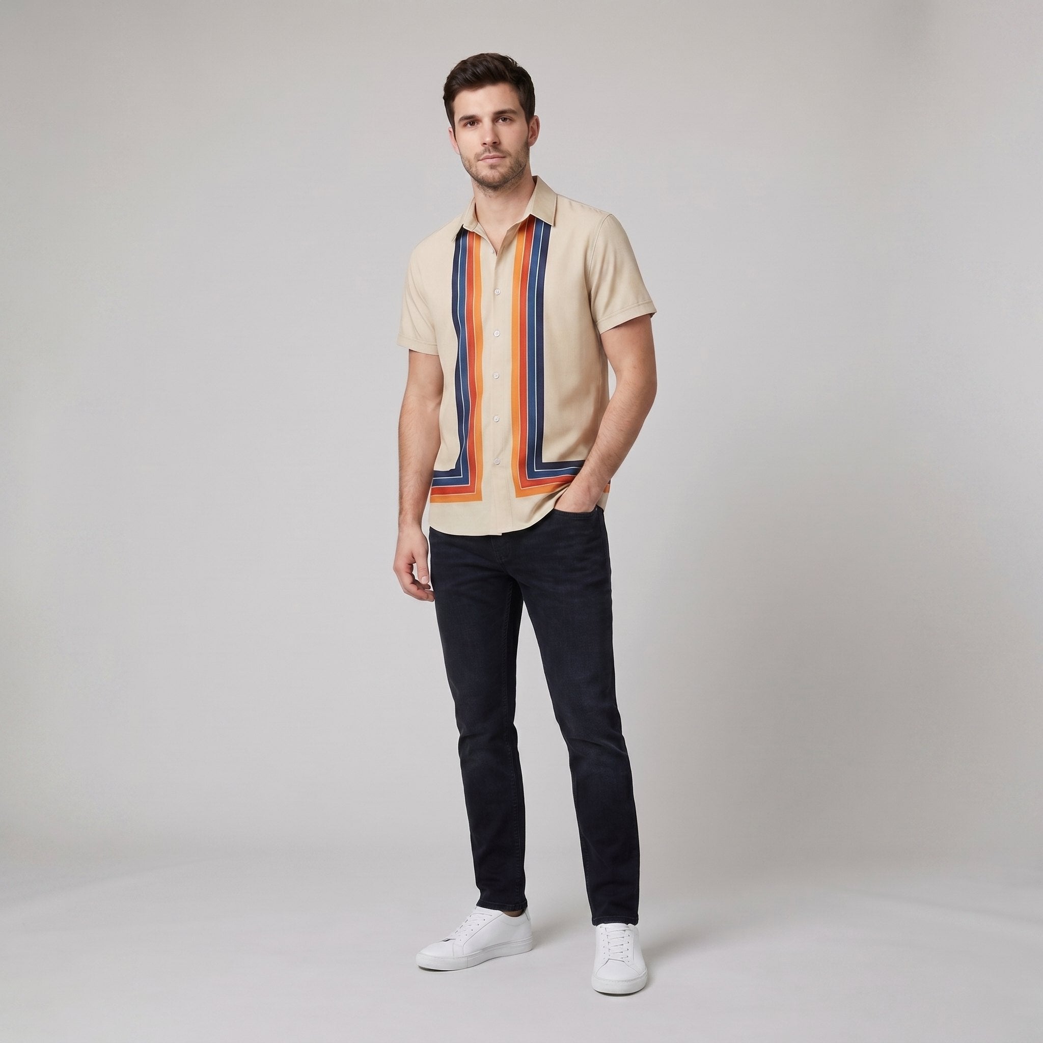 Teddy retro striped shirt beige on male model front