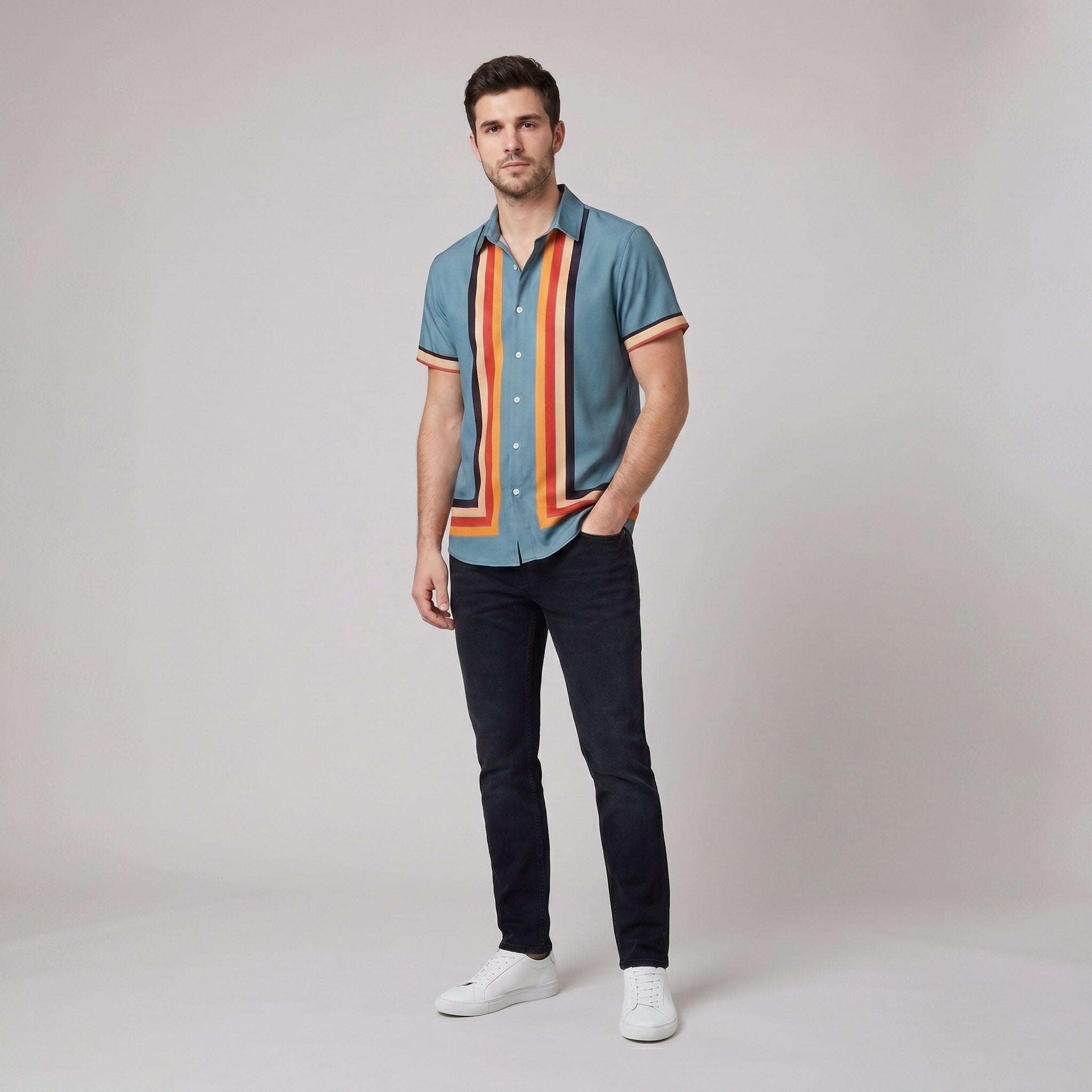 Teddy retro striped shirt blue on male model