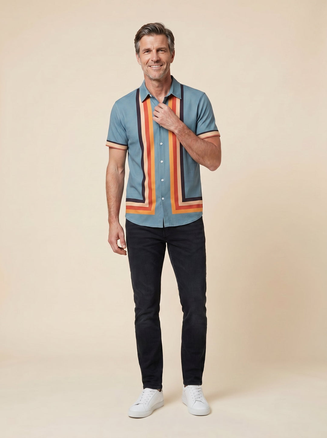 Teddy retro striped shirt blue on male model