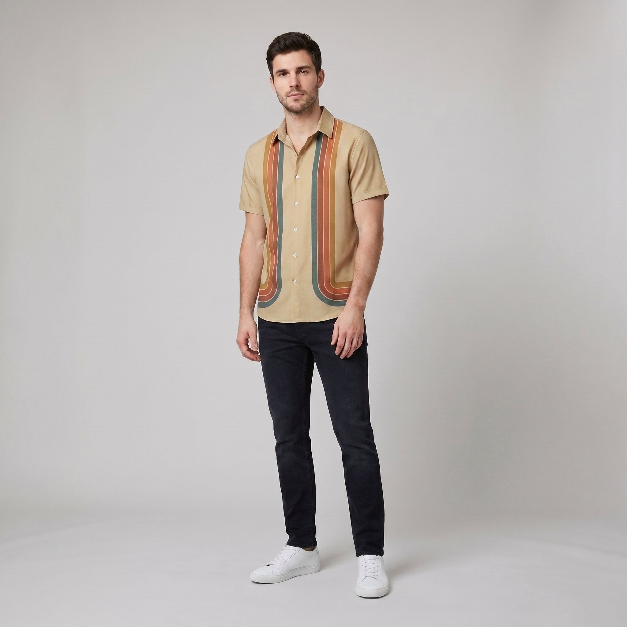 Teddy retro striped shirt khaki on male model