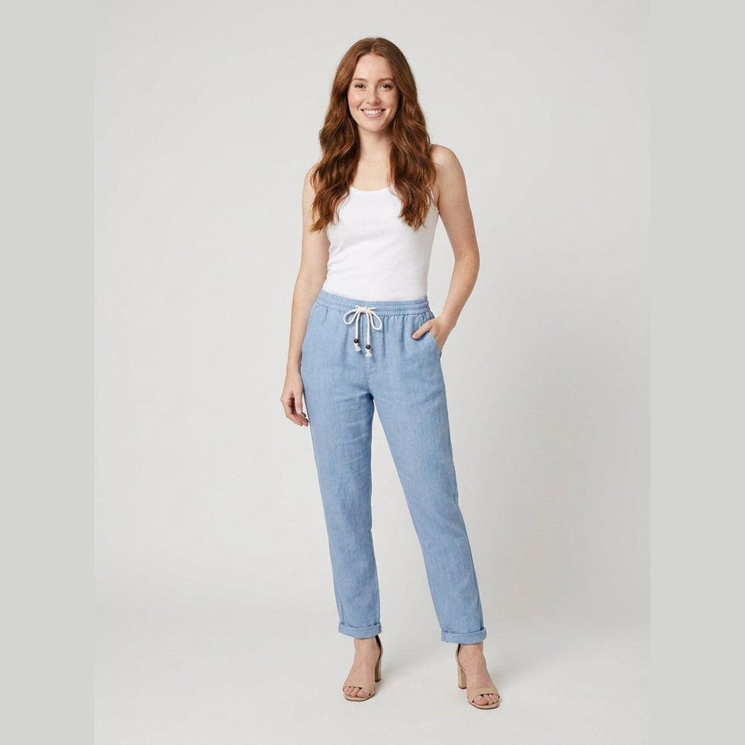 Teddy women's linen pants light blue on model