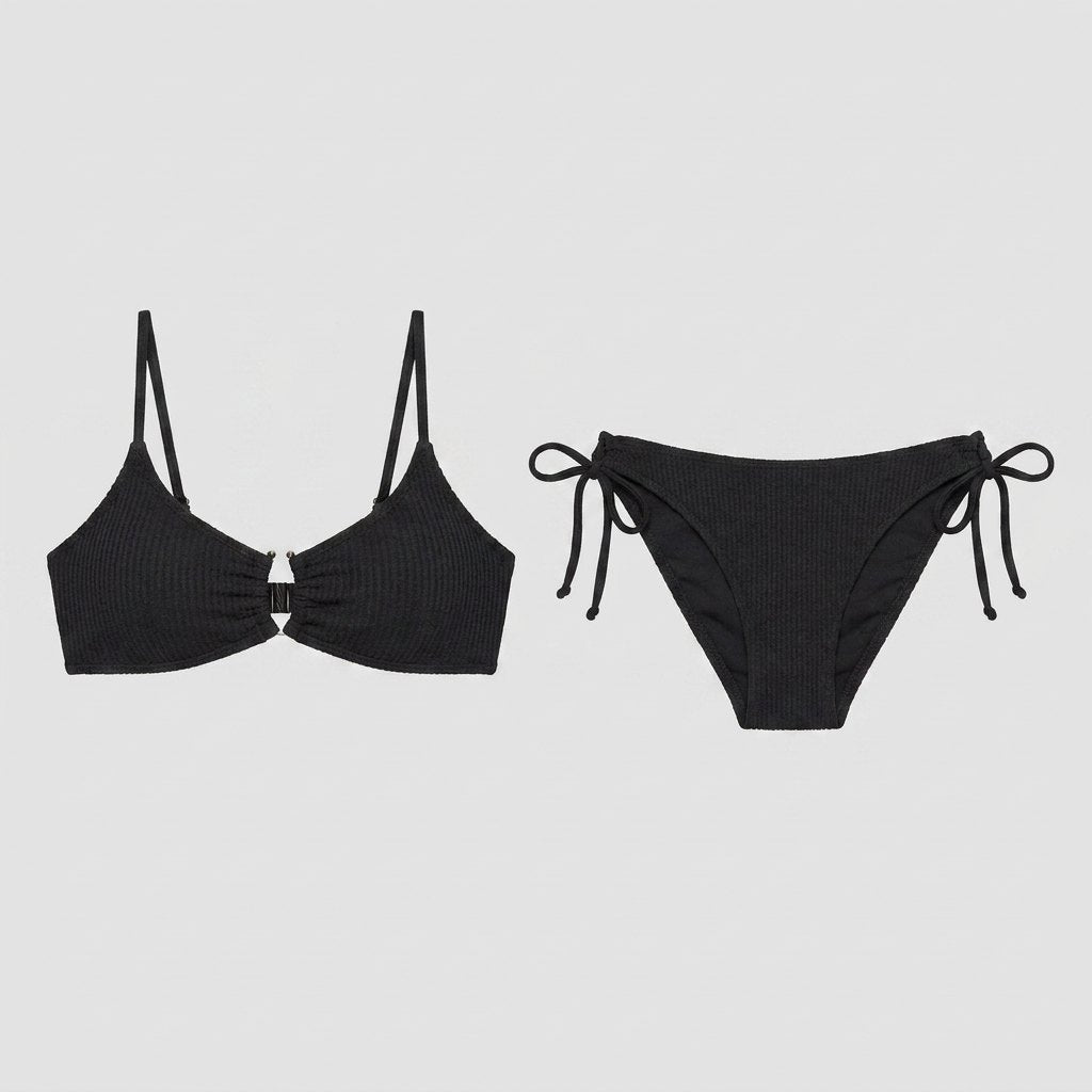Black textured bikini set front flat-lay