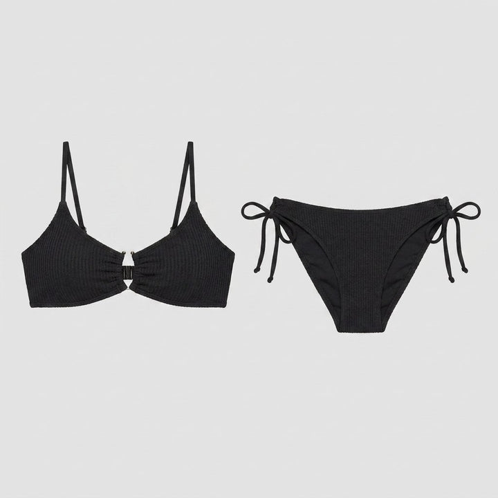 Black textured bikini set front flat-lay