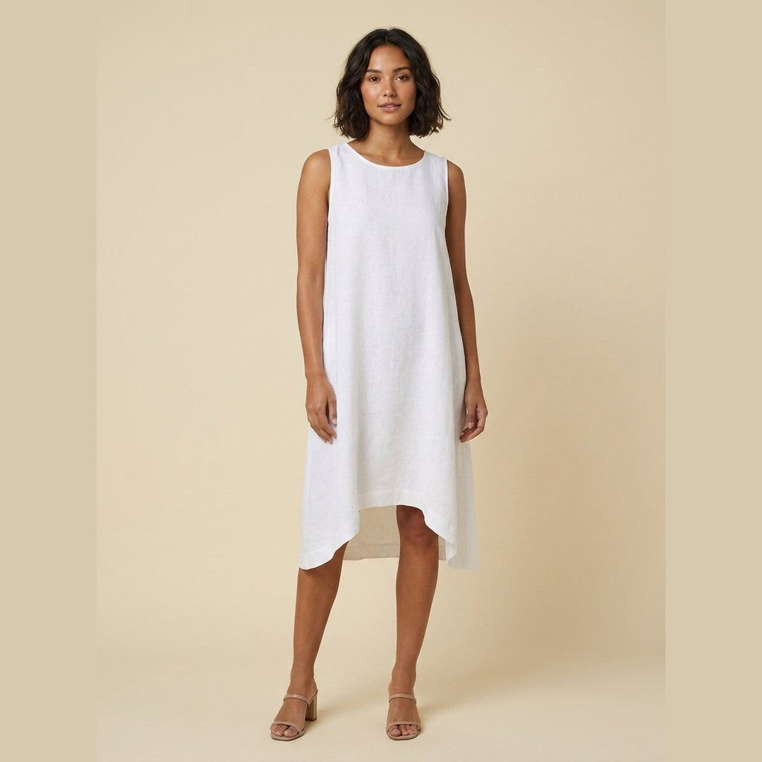 Tessa white linen dress front on model