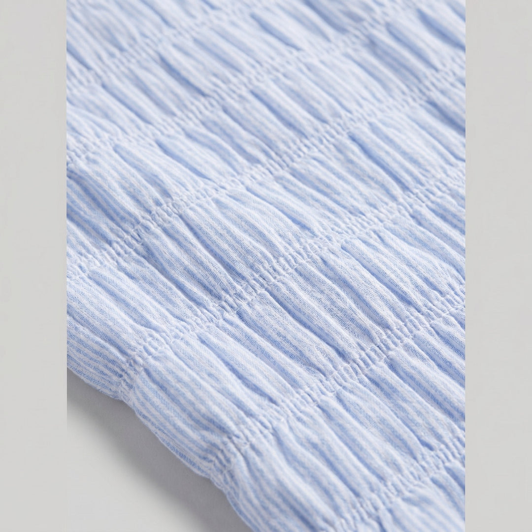 Thalia blue and white stripe fabric close-up