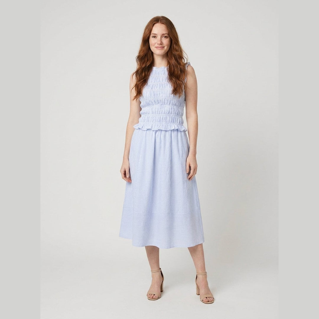 Thalia striped smocked top and midi skirt set front on model