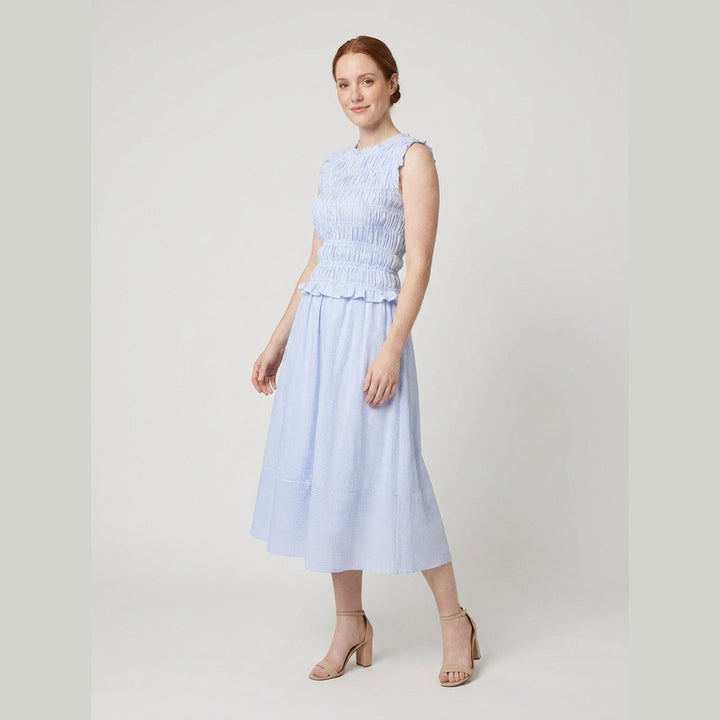 Thalia striped smocked top and midi skirt set side on model