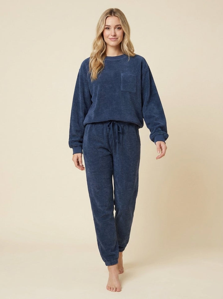 Blue corduroy-look top and pull-on pants set, front view