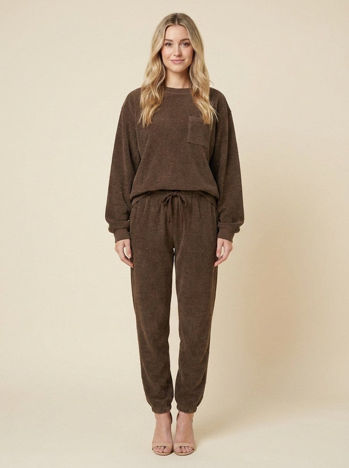Brown corduroy-look top and pull-on pants set, front view