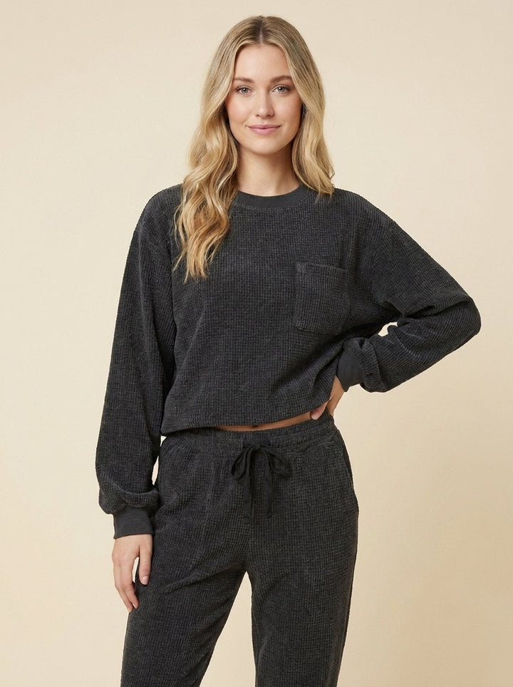 Dark grey corduroy-look top and pull-on pants set, front view