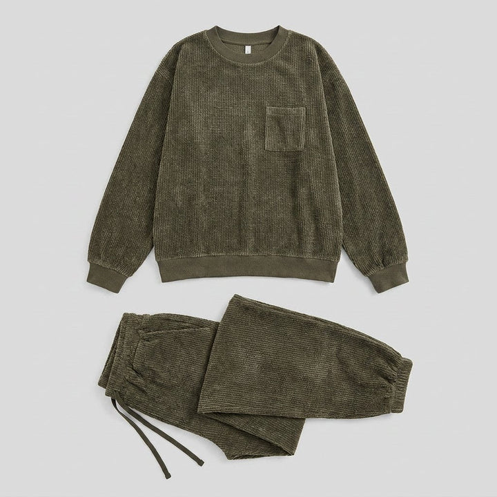 Corduroy-look top and pull-on pants set, flat-lay of both pieces