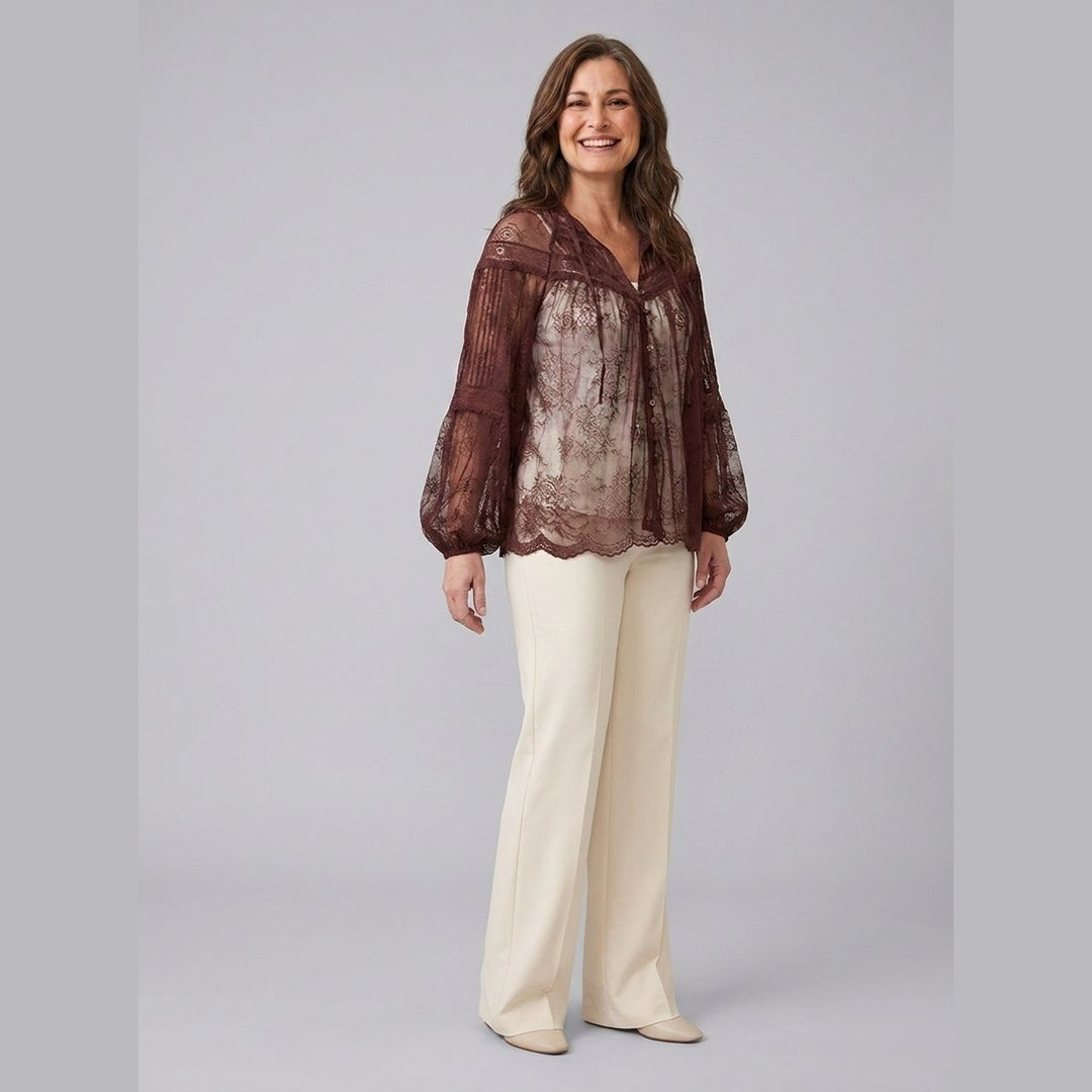 Tiana burgundy lace blouse three-quarter pose on model