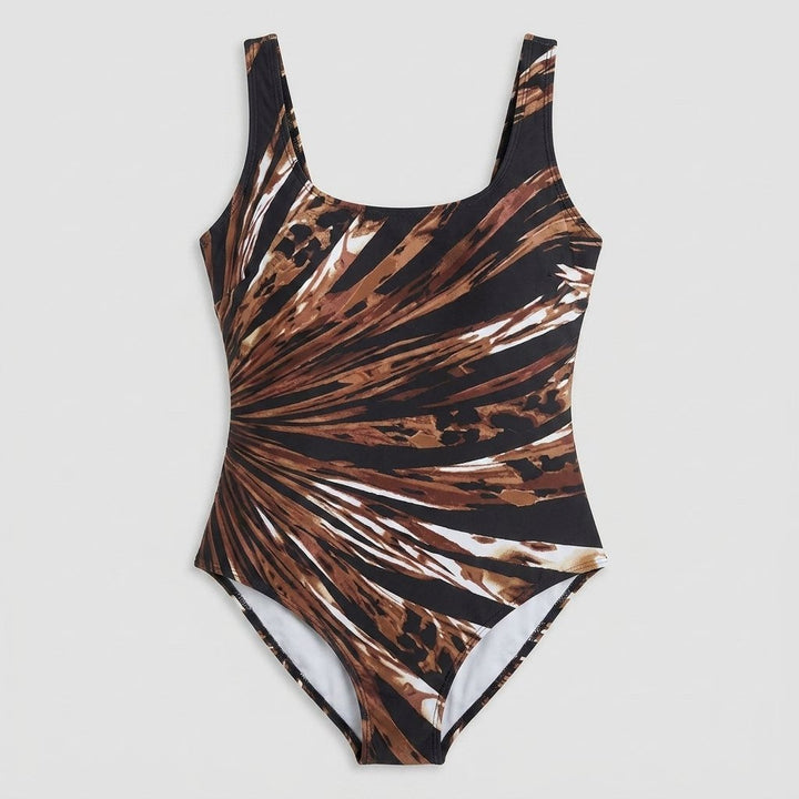 Brown striped beach cover-up, front view