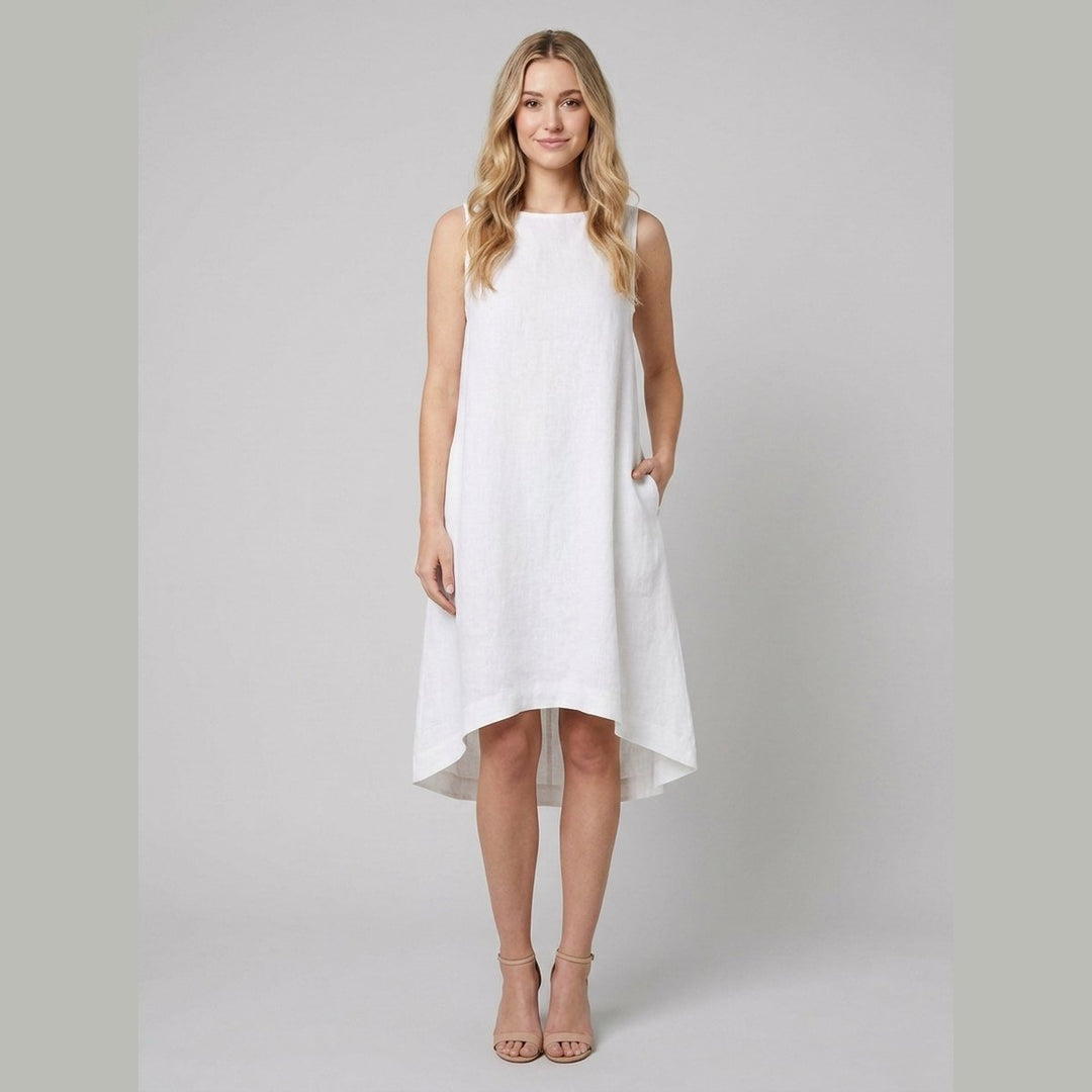 Toscana white linen high-low dress front