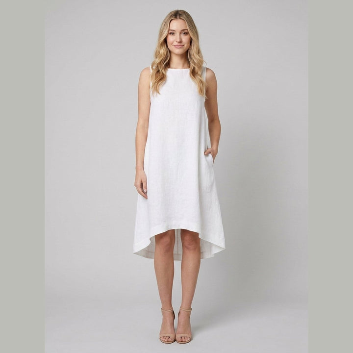 Toscana white linen high-low dress front