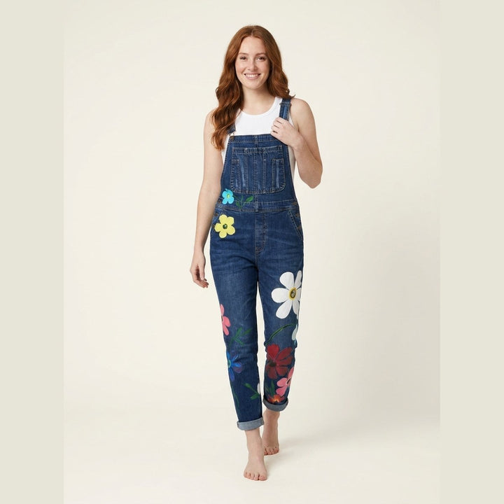 Tracy denim floral overalls dark blue on model