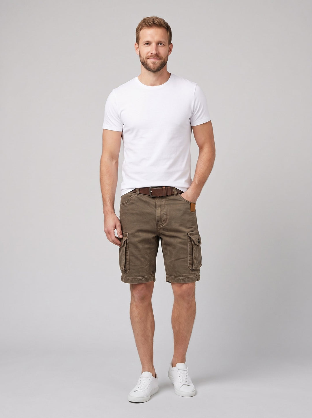 Trailmark cargo shorts brown front on model