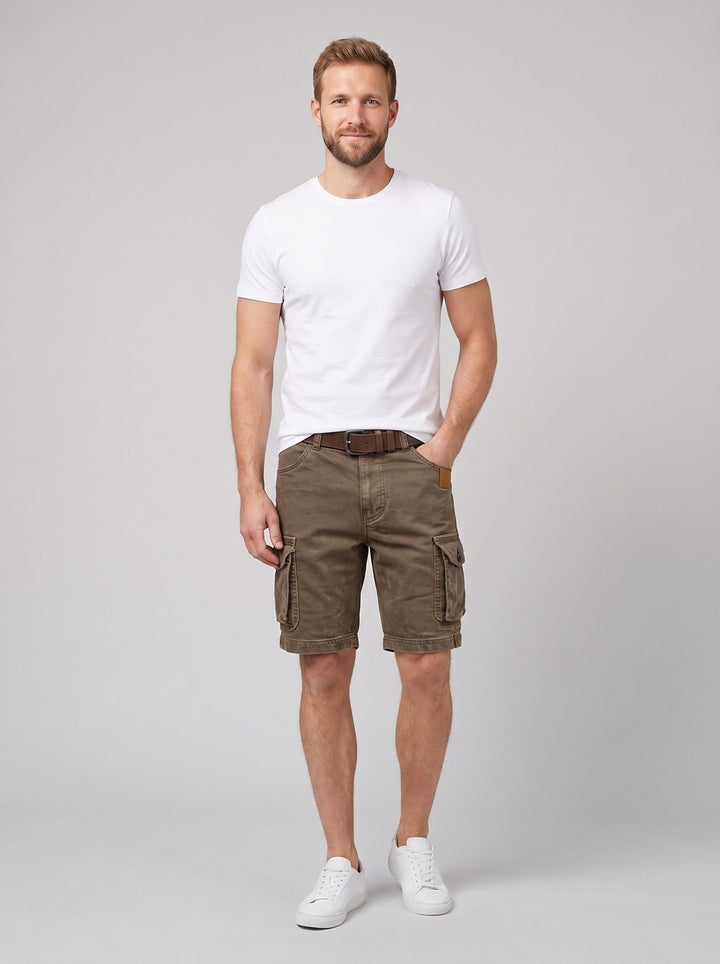 Trailmark cargo shorts brown front on model